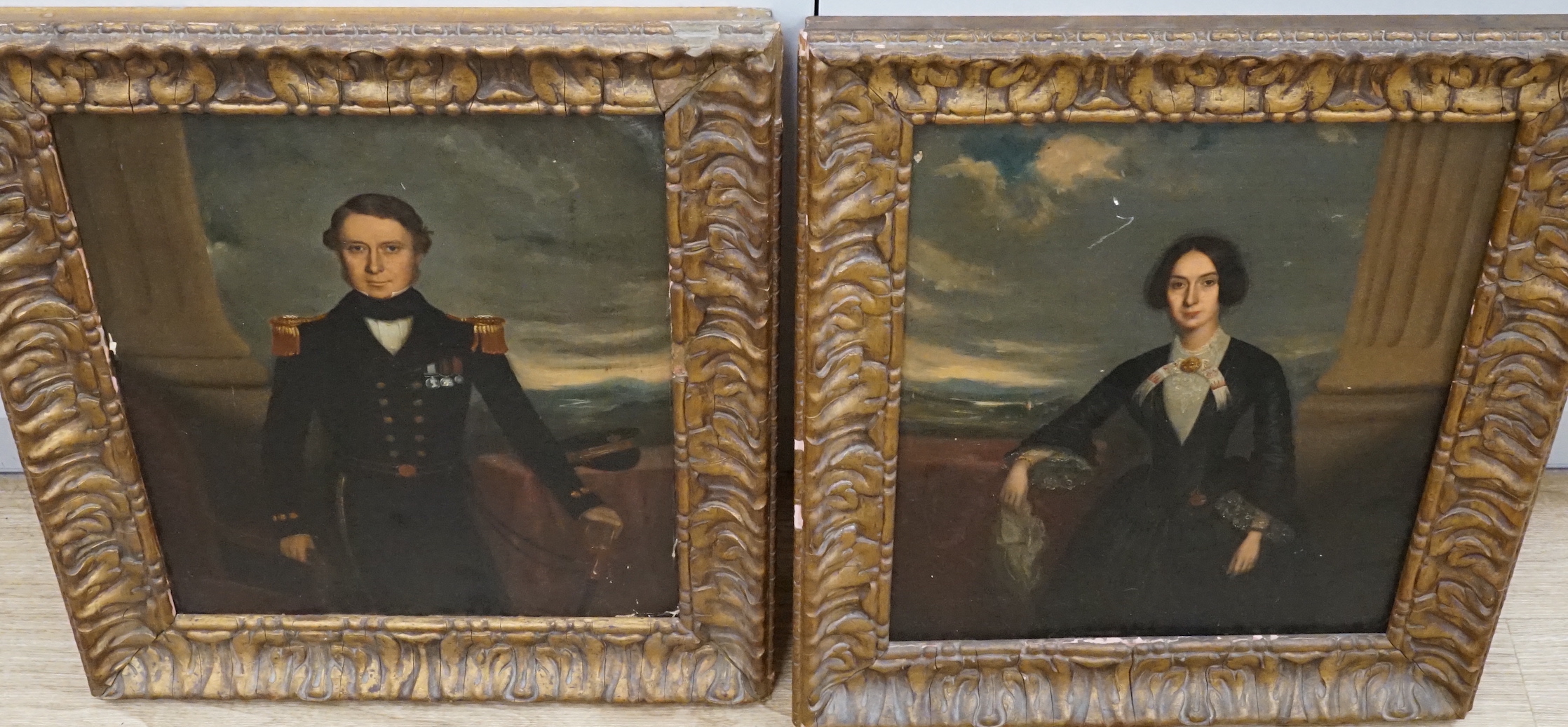 19th century English School, pair of oil over prints on card, Portraits of a Naval officer and his wife, 40 x 34cm